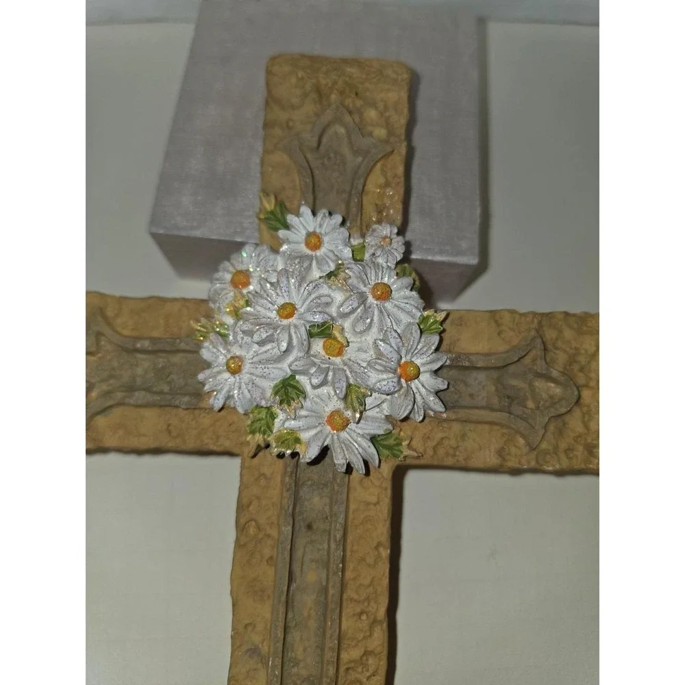 vintage resin Rejoice‎ religious cross decorative stone texture floral daisy